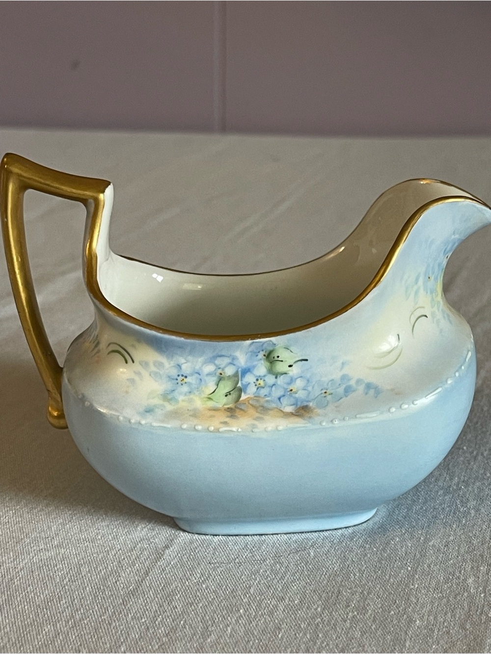 Porcelain French 1950 Blue Floral Bird Creamer with Gold Trim